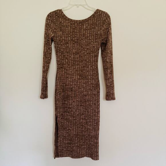 Shein Womens Ribbed Scoop Neck Midi Split Thigh Bodycon Brown Dress Sz XS - Picture 6 of 9